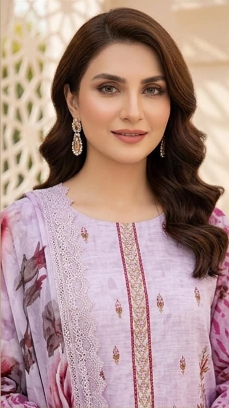 Digital lawn shirt, Double head embroidered dupatta, digital bamber trouser dyed with big flowered pink suite - Unstitched