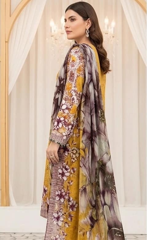 Digital printed embroidered lawn shirt, digital printed bambar dupatta, dyed lawn trouser - Unstitched