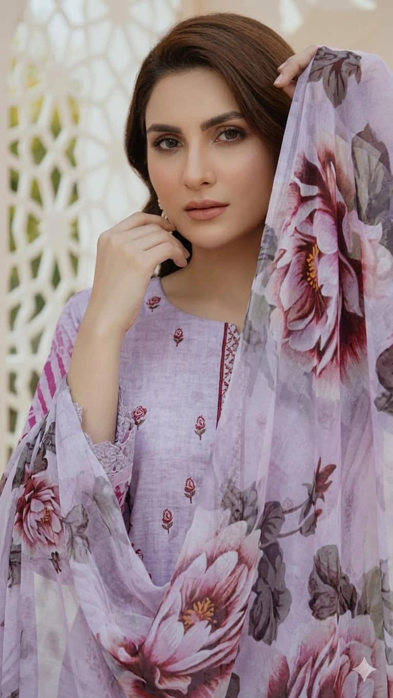 Digital lawn shirt, Double head embroidered dupatta, digital bamber trouser dyed with big flowered pink suite - Unstitched