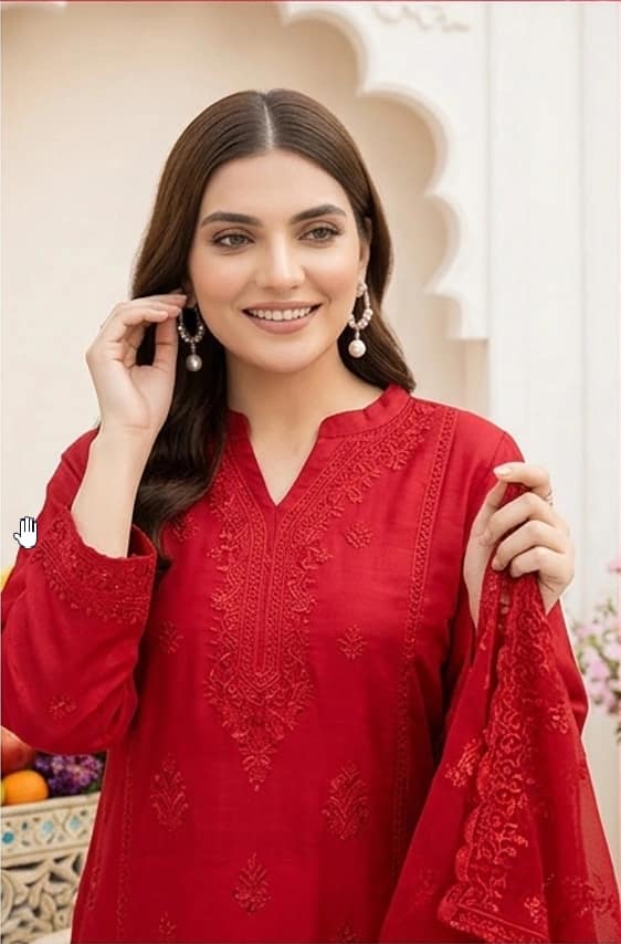 Fully embroidered chikankari with slub lawn shirt, daman heavy embroidered, embroidered lawn dupatta, dyed lawn trouser  - Unstitched