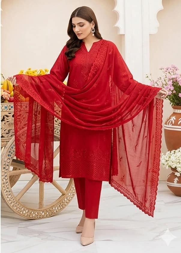 Fully embroidered chikankari with slub lawn shirt, daman heavy embroidered, embroidered lawn dupatta, dyed lawn trouser  - Unstitched