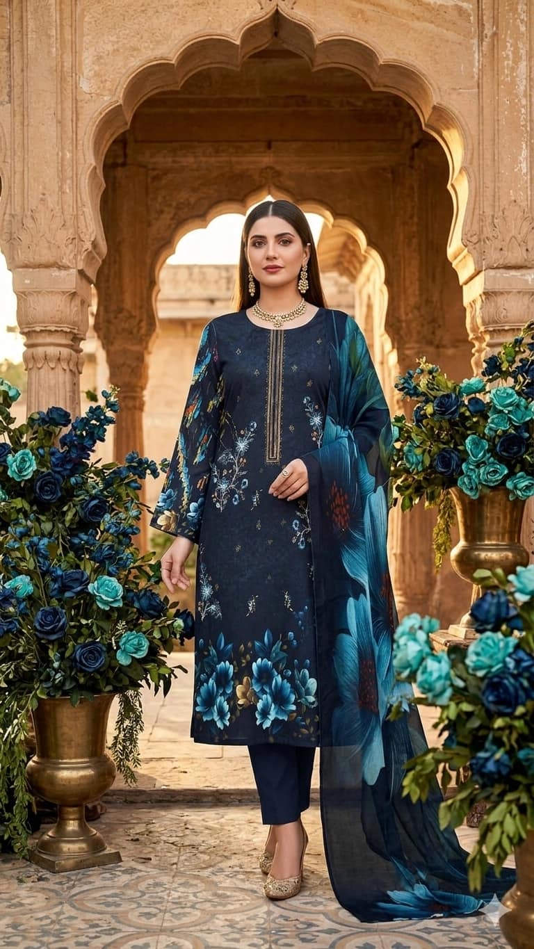 Digital printed lawn embroidered shirt, digital printed bamber dupatta, dyed lawn trouser - Unstitched