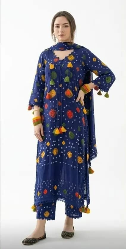 Beautiful soft printed and embroidered blue lawn 3 piece suit - unstitched