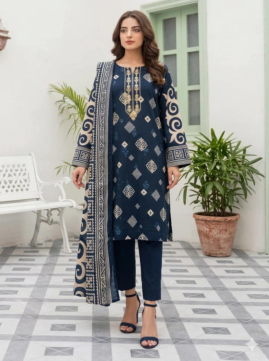 Printed embroidered shirt, neckline embroidered, printed lawn dapatta, dyed lawn trouser - Unstitched