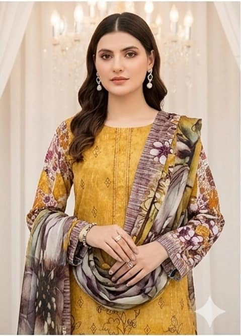 Digital printed embroidered lawn shirt, digital printed bambar dupatta, dyed lawn trouser - Unstitched