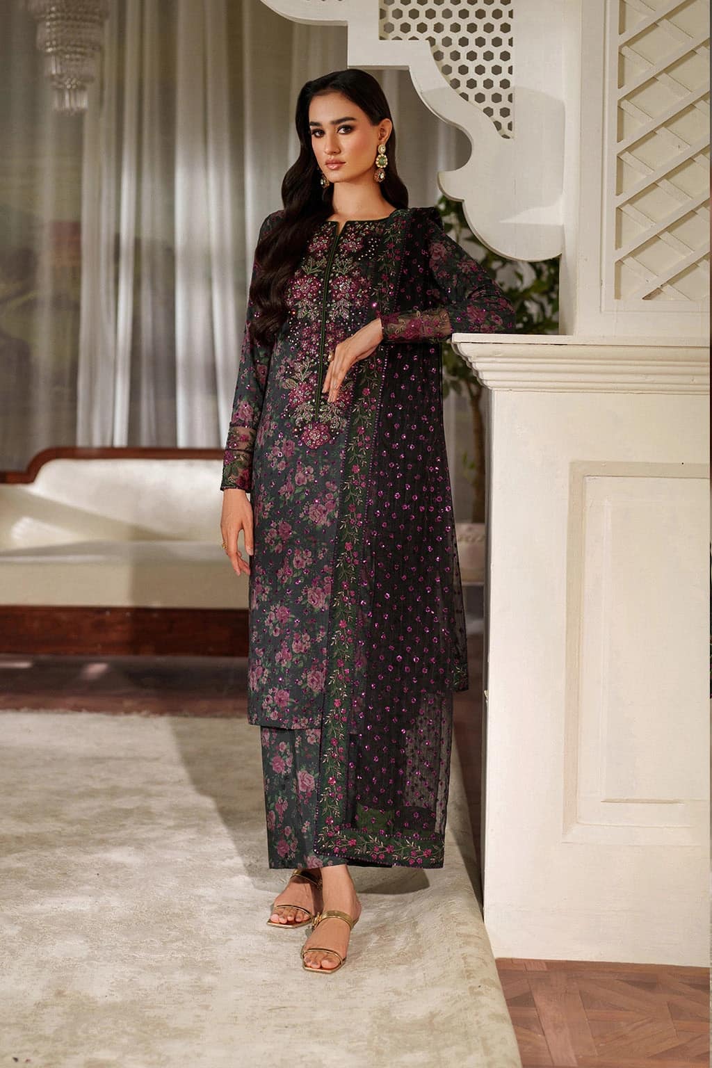 Iznik . Digital printed embroidered lawn shirt and digital embroidered organza dupatta - Unstitched