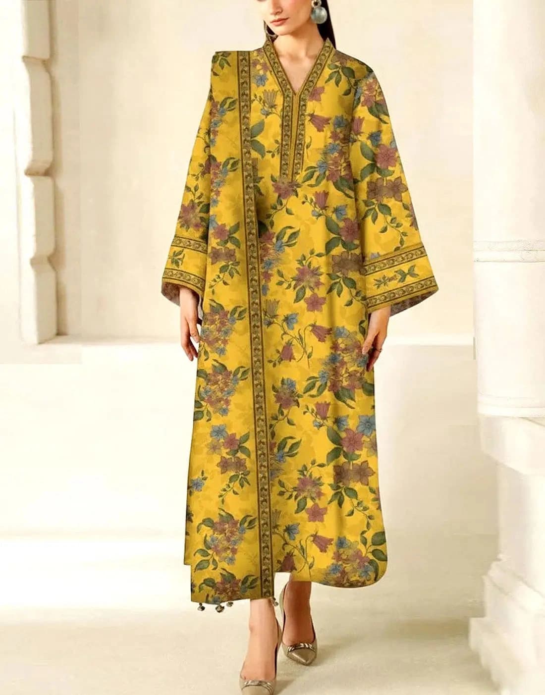 Printed lawn front with heavy embroidered schiffli & spangle work neckline with embroidered schiffli & spangle work daman border, Printed lawn back thumbnail 1