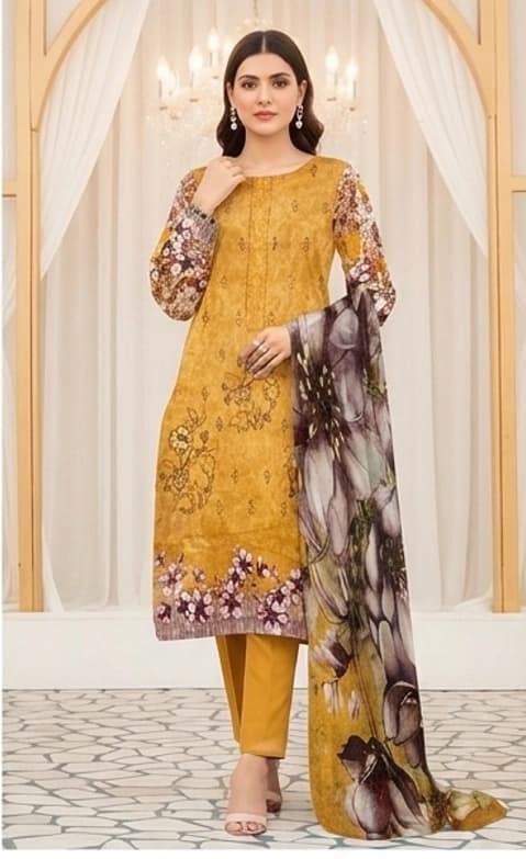 Digital printed embroidered lawn shirt, digital printed bambar dupatta, dyed lawn trouser - Unstitched thumbnail 2