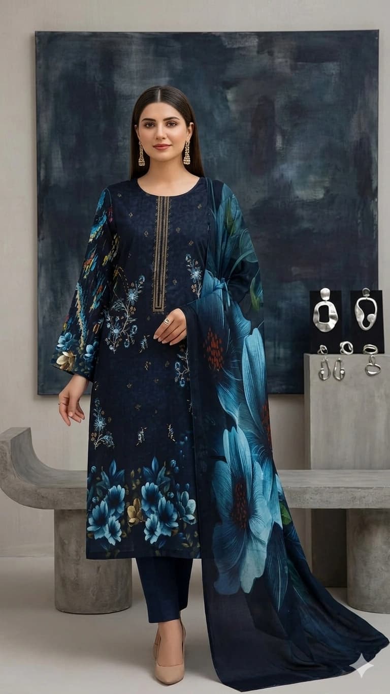 Digital printed lawn embroidered shirt, digital printed bamber dupatta, dyed lawn trouser - Unstitched thumbnail 1