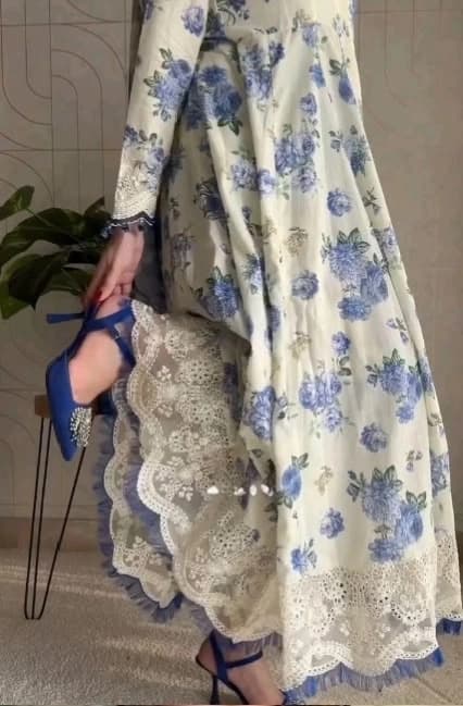 Baroque . Printed shirt with border patches digital printed chiffon dupatta with 4 sided embroidered lace and printed trouser - 3 piece - Unstitched thumbnail 3
