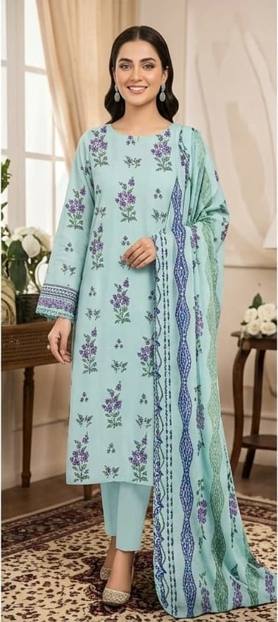 Best quality digital printed lawn shirt, printed voile dupatta, comfort plan dyed trouser - Unstitched thumbnail 1