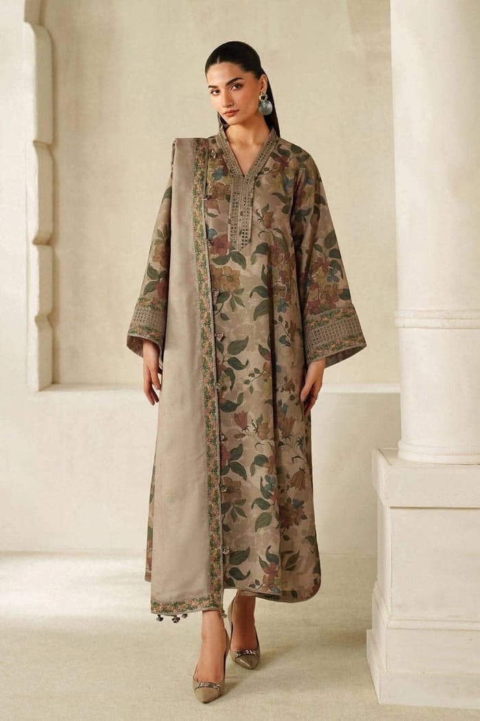 Printed lawn front with heavy embroidered schiffli & spangle work neckline with embroidered schiffli & spangle work daman border, Printed lawn back thumbnail 2