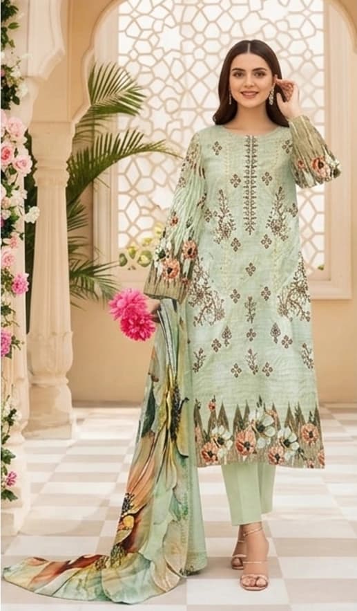 Digital green lawn, Double head embroidered dupatta, digital bamber trouser - Unstitched thumbnail 2