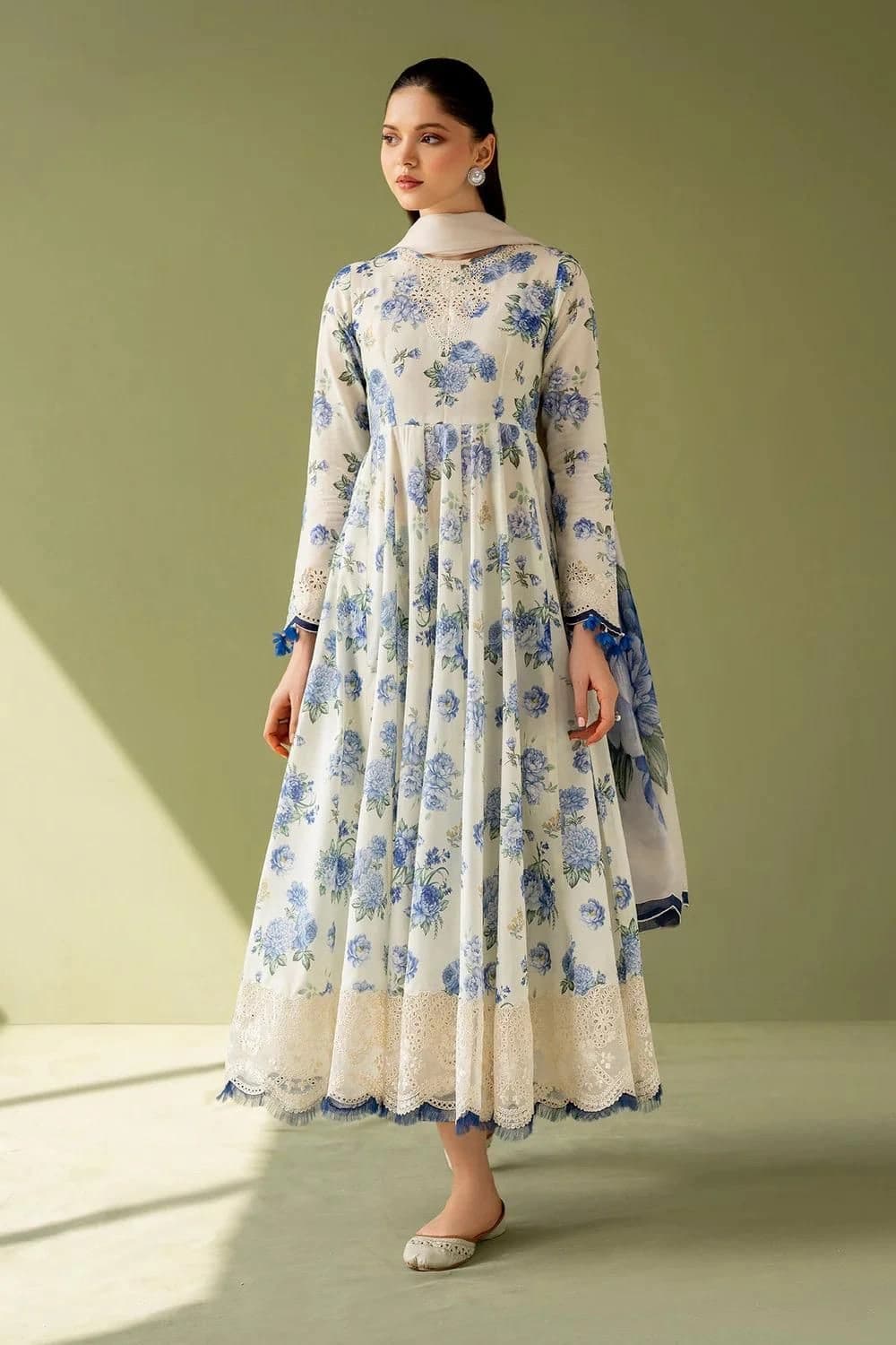 Baroque . Printed shirt with border patches digital printed chiffon dupatta with 4 sided embroidered lace and printed trouser - 3 piece - Unstitched thumbnail 1