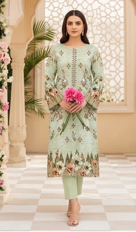 Digital green lawn, Double head embroidered dupatta, digital bamber trouser - Unstitched thumbnail 1
