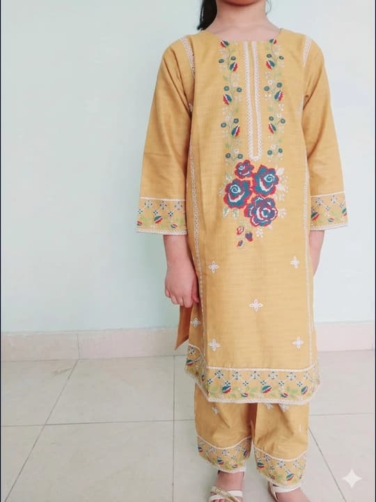 Embroidered doriya lawn shirt and plazo trouser - Mustered - 00027 thumbnail 3