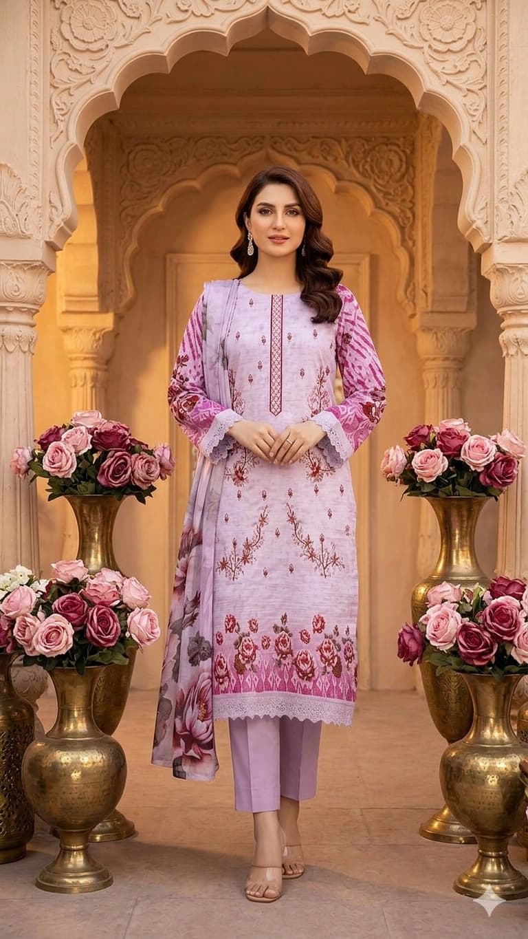 Digital lawn shirt, Double head embroidered dupatta, digital bamber trouser dyed with big flowered pink suite - Unstitched thumbnail 1