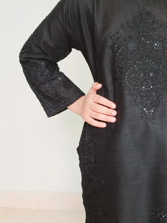 Embroidered doriya lawn shirt and plazo trouser - Plain Black - 00028 thumbnail 2