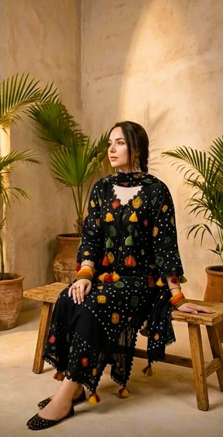 Beautiful soft printed and embroidered black lawn 3pc suit - unstitched thumbnail 1