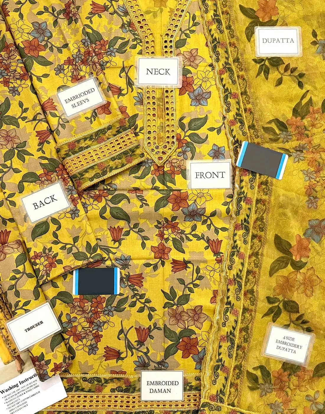 Printed lawn front with heavy embroidered schiffli & spangle work neckline with embroidered schiffli & spangle work daman border, Printed lawn back thumbnail 3