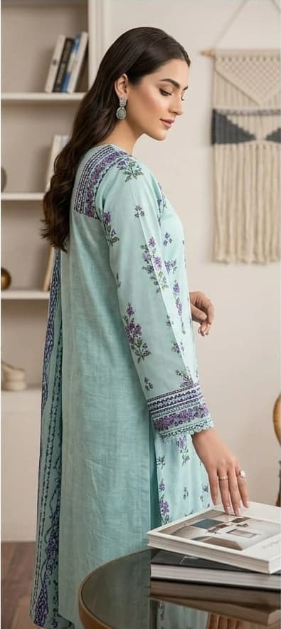 Best quality digital printed lawn shirt, printed voile dupatta, comfort plan dyed trouser - Unstitched thumbnail 3
