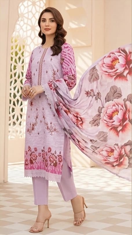 Digital lawn shirt, Double head embroidered dupatta, digital bamber trouser dyed with big flowered pink suite - Unstitched thumbnail 3
