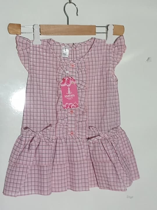 Girls pink frock in checks lines - 2pcs thumbnail 1