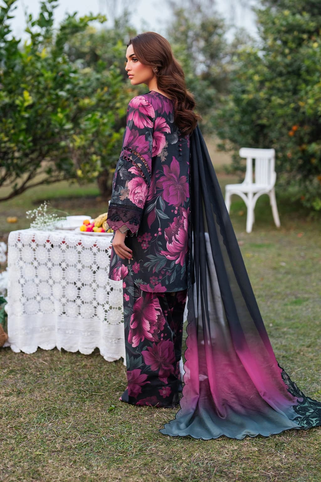 Iznik . Digital embroidered printed lawn , embroidered chiffon dupatta - Unstitched