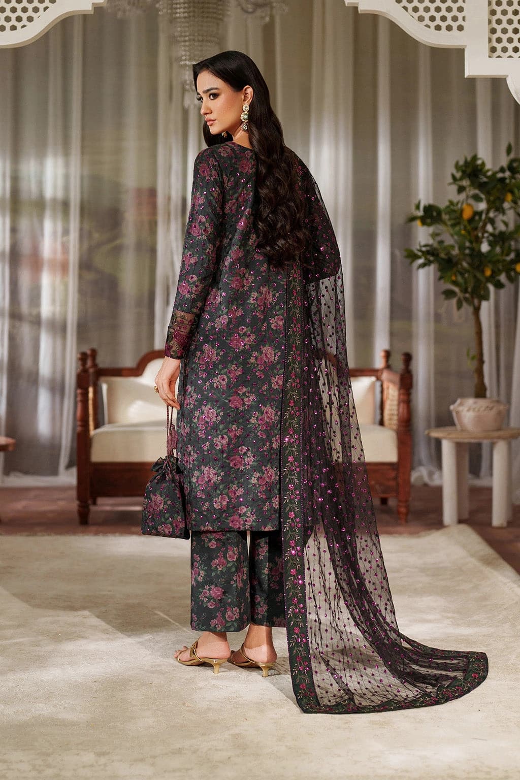 Iznik . Digital printed embroidered lawn shirt and digital embroidered organza dupatta - Unstitched