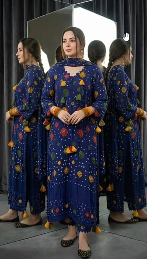 Beautiful soft printed and embroidered blue lawn 3 piece suit - unstitched