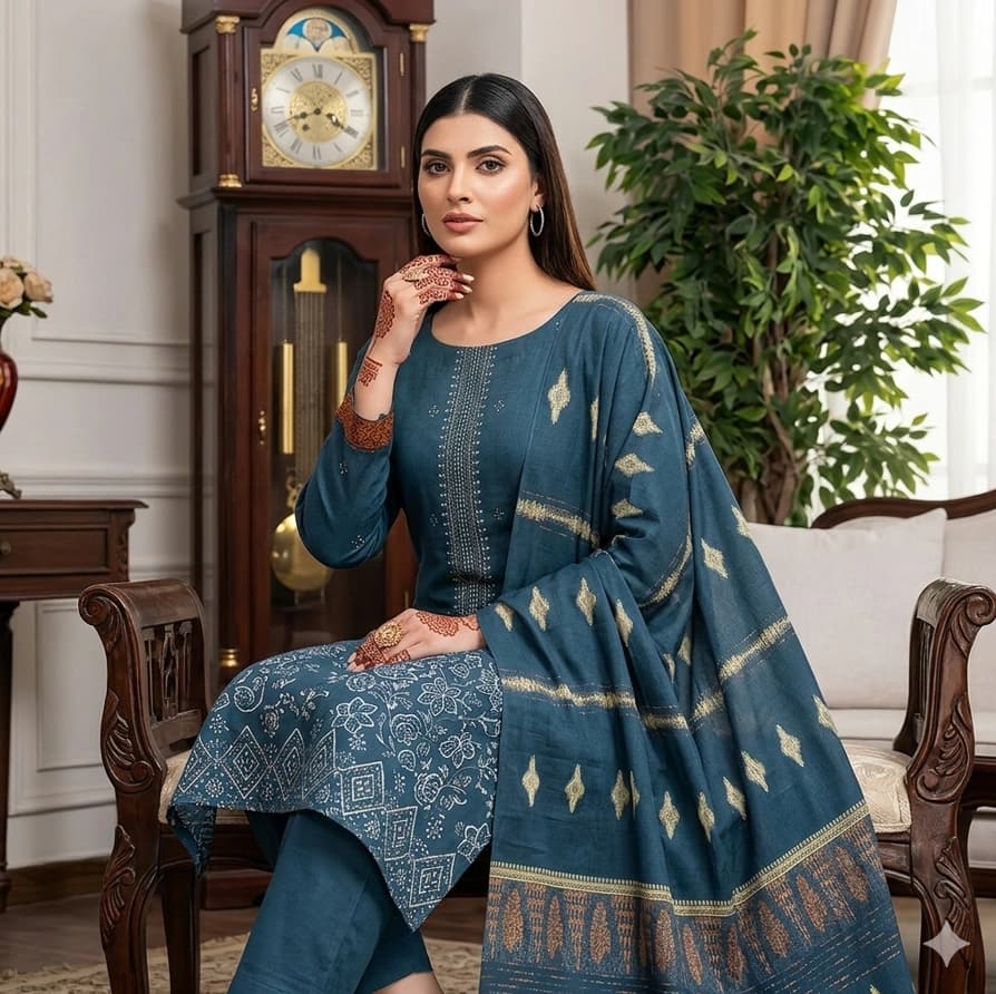 Fancy chikankari embroidered doriya lawn shirt, embroidered back and sleeves, jacquard lawn dapatta, plain dyed lawn trouser - Unstitched
