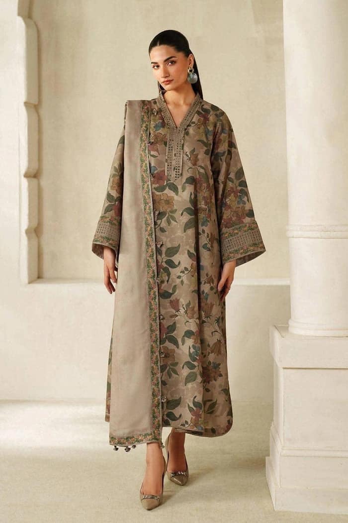 Printed lawn front with heavy embroidered schiffli & spangle work neckline with embroidered schiffli & spangle work daman border, Printed lawn back