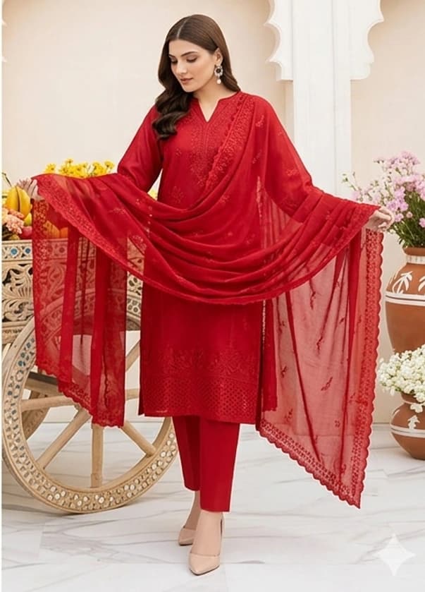 Fully embroidered chikankari with slub lawn shirt, daman heavy embroidered, embroidered lawn dupatta, dyed lawn trouser - Unstitched