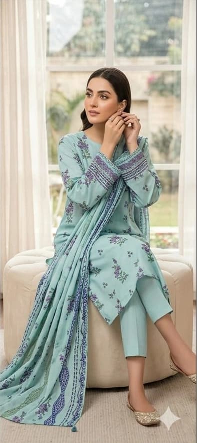 Best quality digital printed lawn shirt, printed voile dupatta, comfort plan dyed trouser - Unstitched