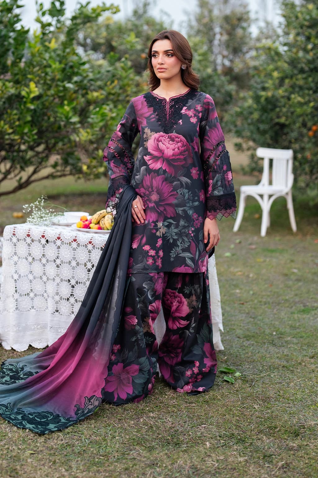 Iznik . Digital embroidered printed lawn , embroidered chiffon dupatta - Unstitched