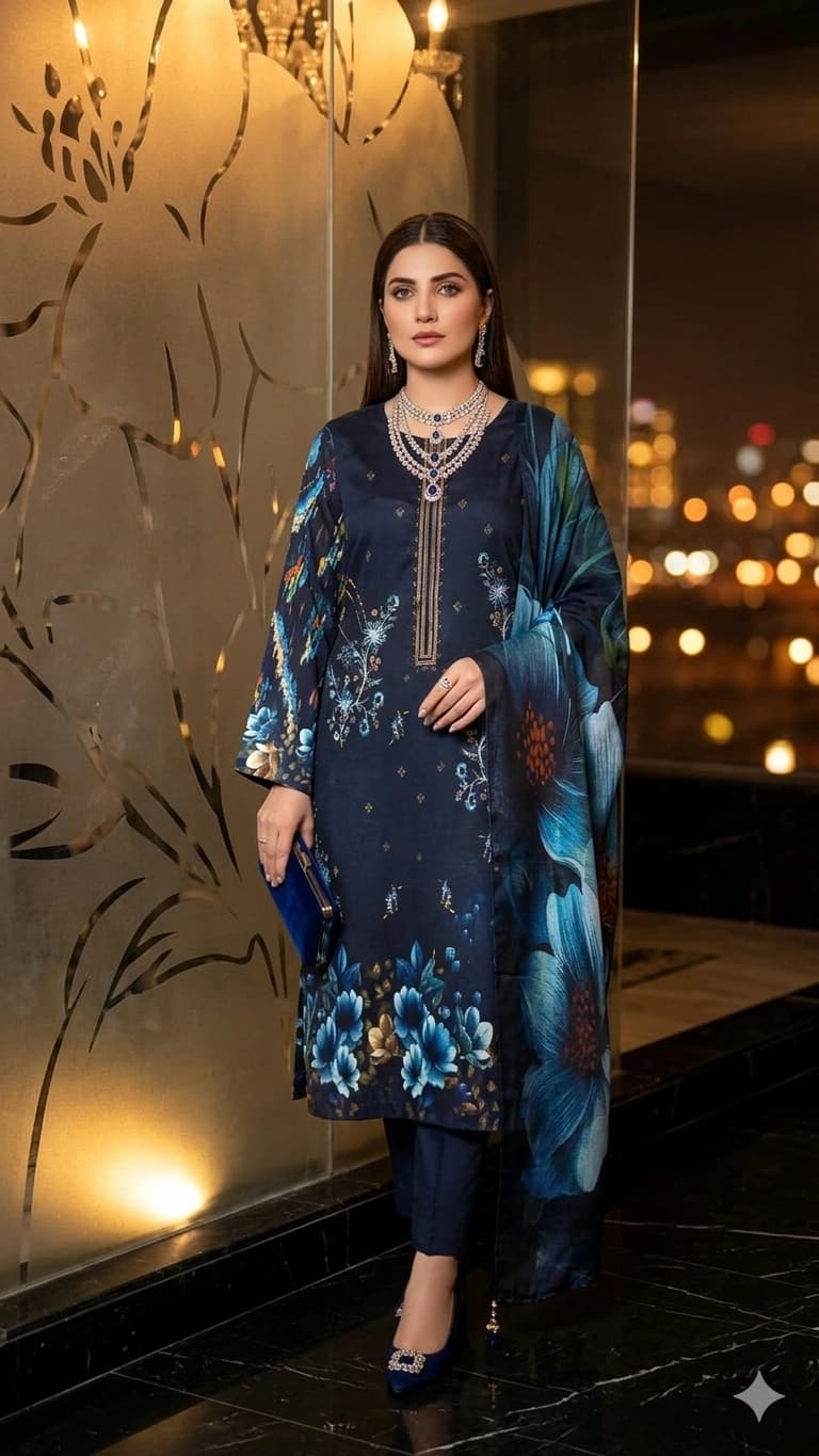 Digital printed lawn embroidered shirt, digital printed bamber dupatta, dyed lawn trouser - Unstitched