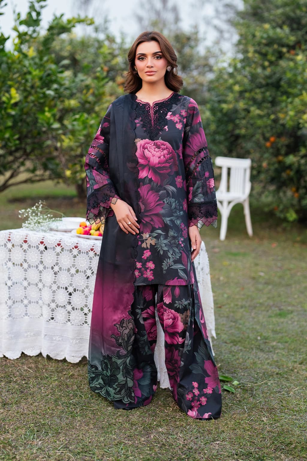 Iznik . Digital embroidered printed lawn , embroidered chiffon dupatta - Unstitched