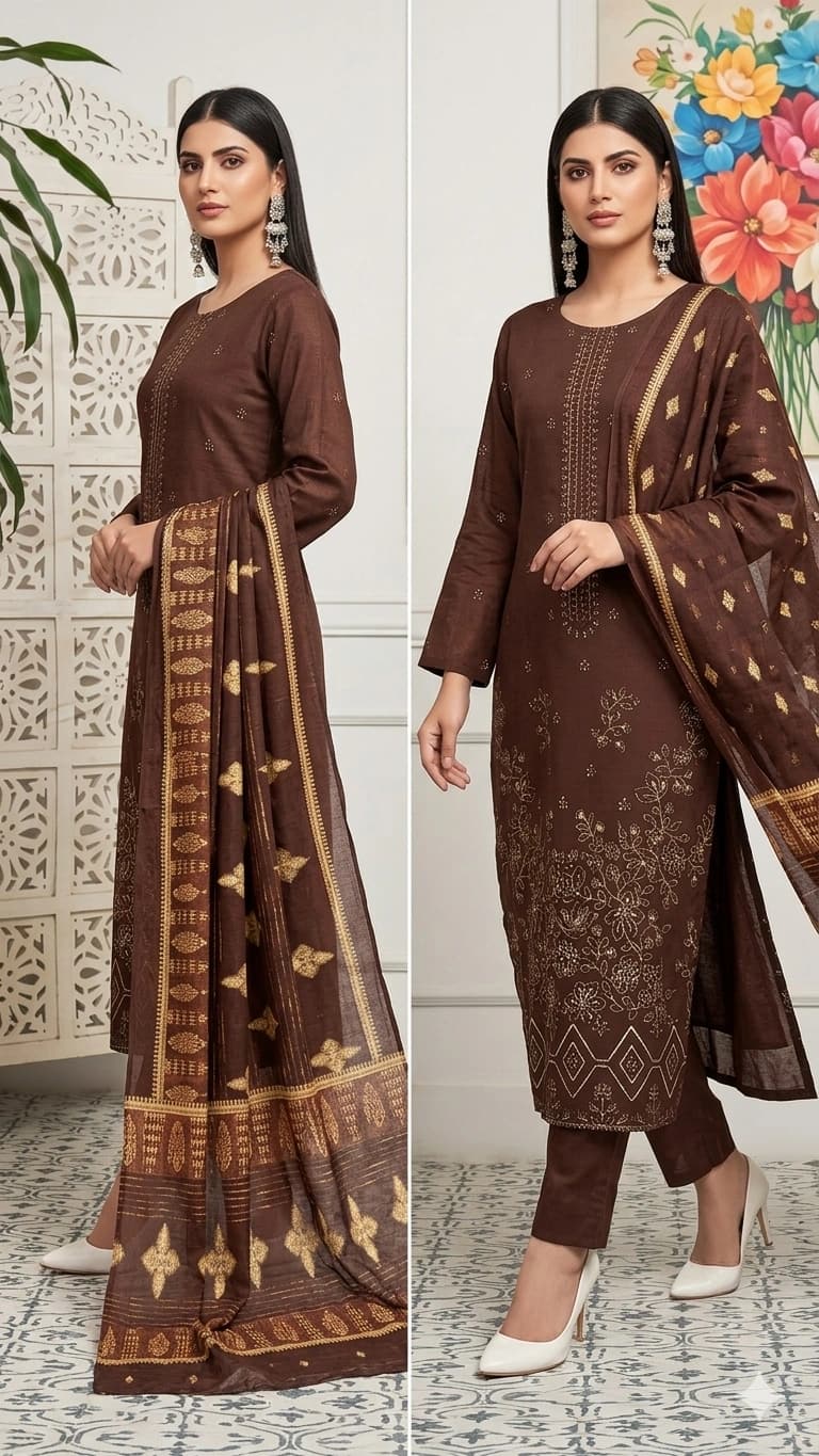 Fancy daman heavy embroidered chikankari doriya lawn shirt, embroidered back and sleevs, jacquard dupatta, plain dyed trouser - Unstiched