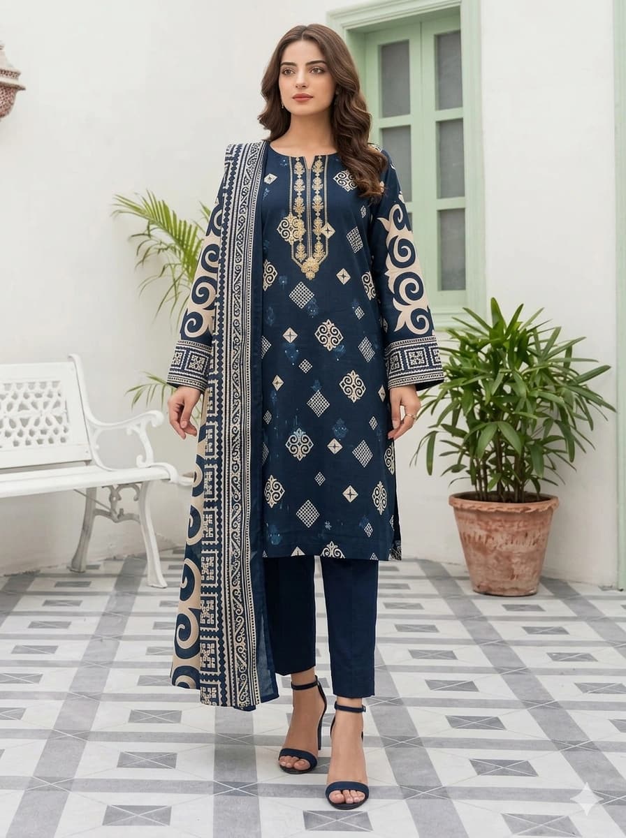 Printed embroidered shirt, neckline embroidered, printed lawn dapatta, dyed lawn trouser - Unstitched