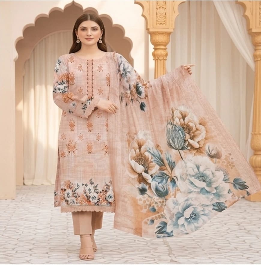 Digital lawn, Double head embroidered dupatta, digital bamber trouser - Unstitched