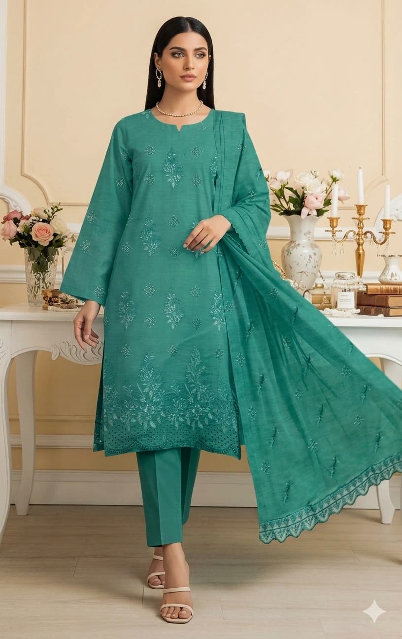 Embroidered slub lawn shirt embroidered back and sleeves, embroidered dupatta with pallu embroidered patches, plain dyed lawn trouser - Unstitched